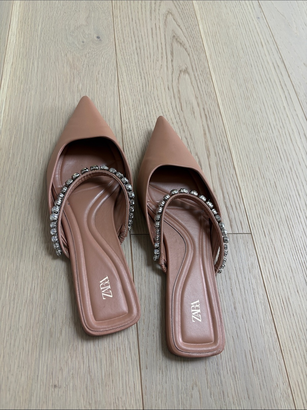 ZARA Rose-Tan Pointed Toe Mules with Crystal Strap